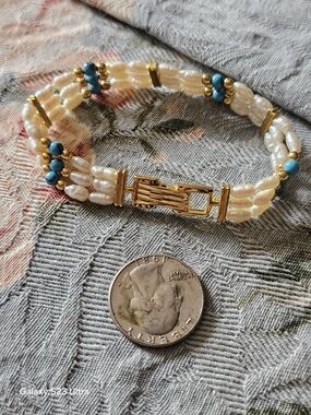 Vintage Pearl Multi-Strand Bracelet with Turquoise Accents